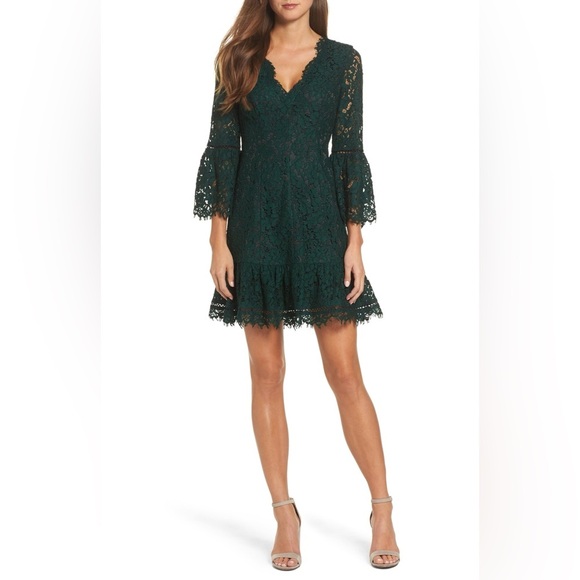 Eliza J Jewel Toned Green Lace Bell Sleeved Dress Size 4 boho whimsigoth - Picture 1 of 14